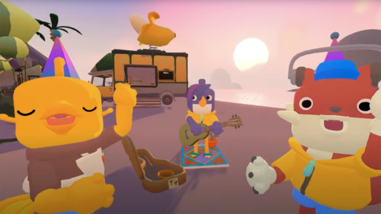 Illustrasjon: Tre animasjonsfigurer fra spillet Fruitbus og en animert varebil med en stor banan på taket