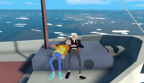 illustrasjon. skjermdump fra dataspill der to spillfigurer ligger på dekket til en båt