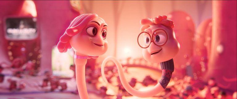 Image from the animated film of two figures with large heads and thin tails against a soft pink background.